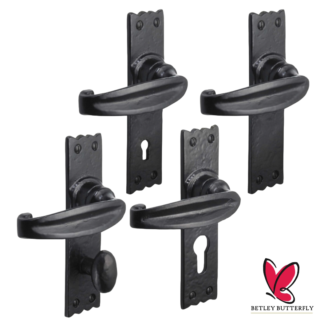 Poignées de porte en fer noir 158 x 38 mm, style cottage vintage antique, avec serrure à levier, style européen pour salle de bain