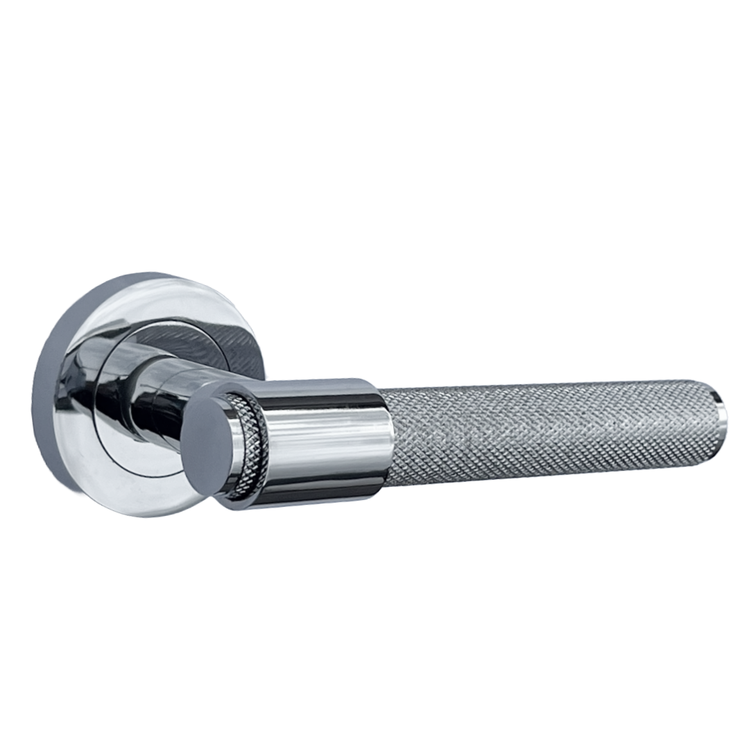 Poignées de porte moletées en chrome poli, boucle et col, levier sur rosace ronde, poignée de loquet de luxe