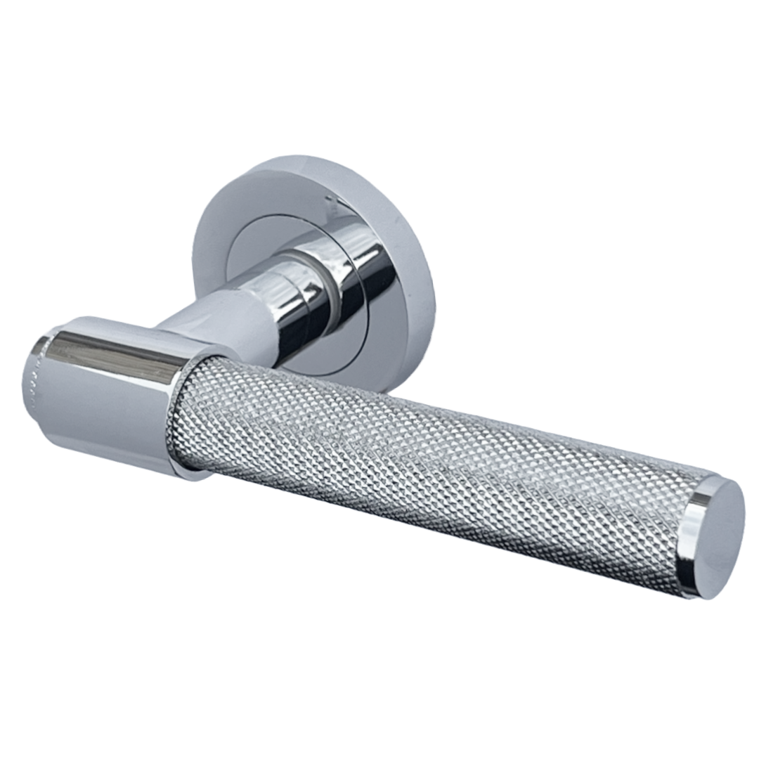 Poignées de porte moletées en chrome poli, boucle et col, levier sur rosace ronde, poignée de loquet de luxe