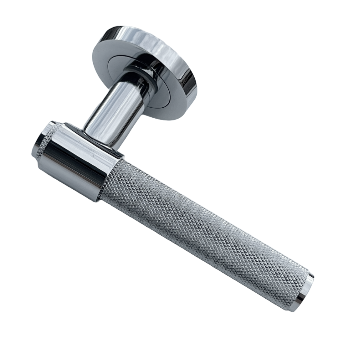 Poignées de porte moletées en chrome poli, boucle et col, levier sur rosace ronde, poignée de loquet de luxe