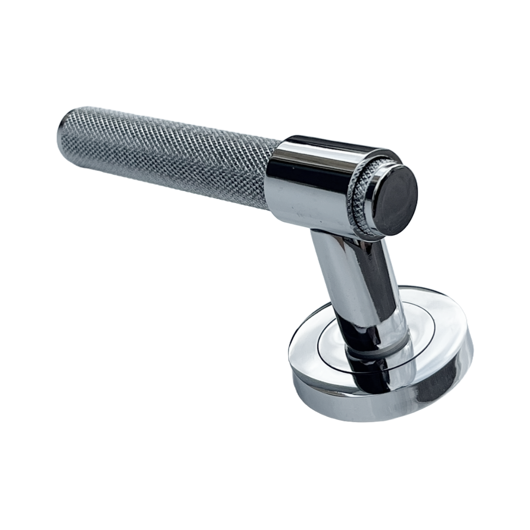 Poignées de porte moletées en chrome poli, boucle et col, levier sur rosace ronde, poignée de loquet de luxe