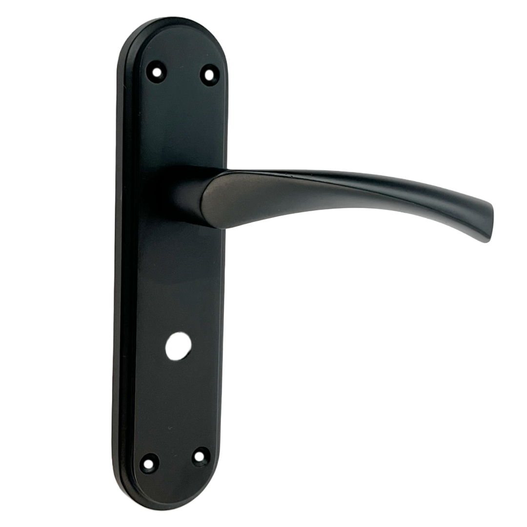 Poignées de porte Genova noir mat avec serrure à levier tournant pour salle de bain sur plaque arrière Marina moderne