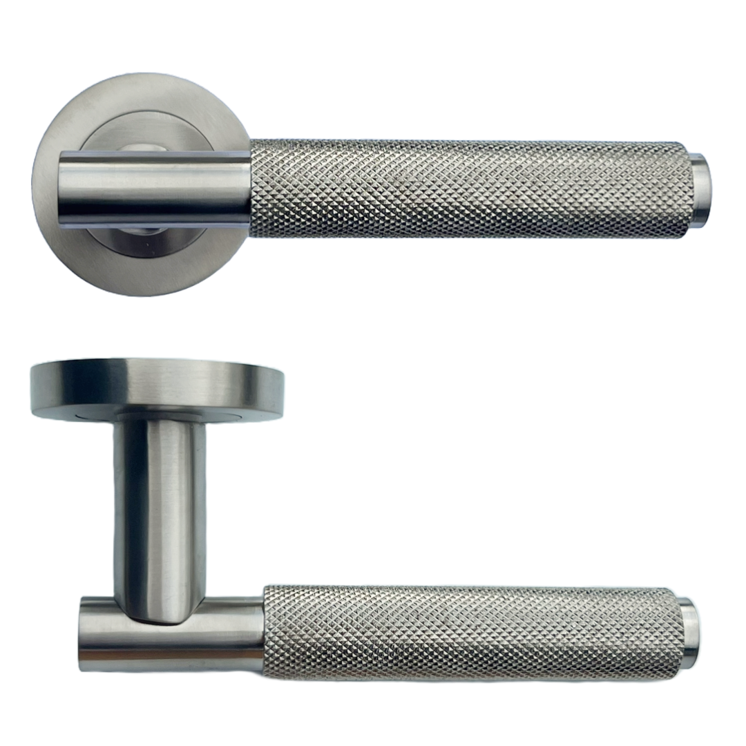 Poignées de porte moletées tournantes à levier satiné sur rosace ronde, poignée de loquet de luxe