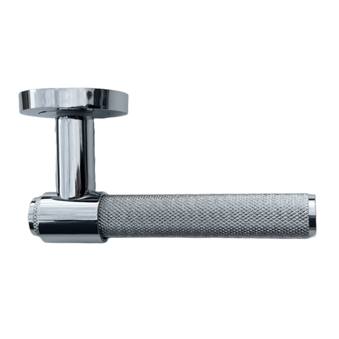 Poignées de porte moletées en chrome poli, boucle et col, levier sur rosace ronde, poignée de loquet de luxe