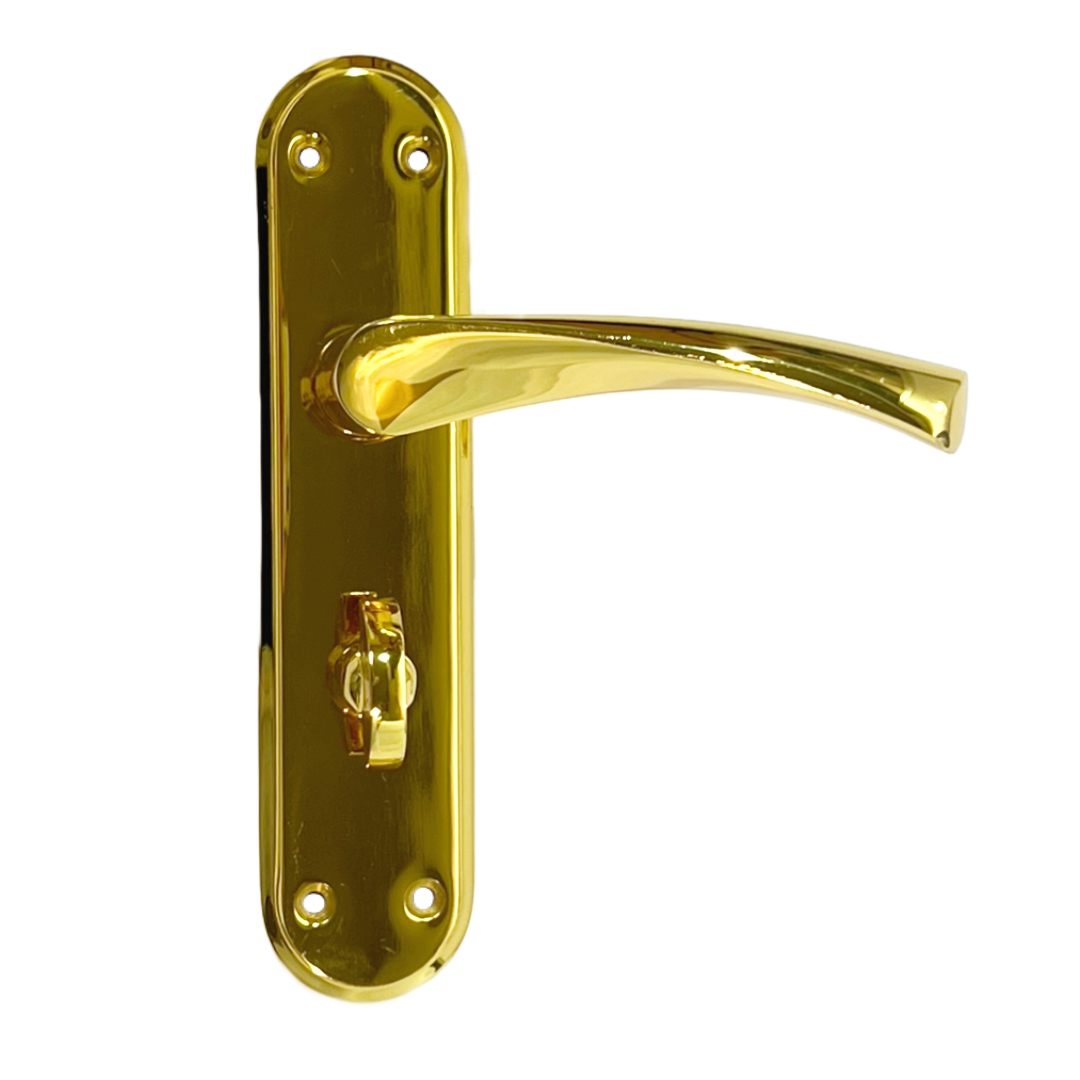 Poignées de porte Genova en laiton poli avec levier rotatif et serrure de salle de bain sur plaque arrière Marina moderne