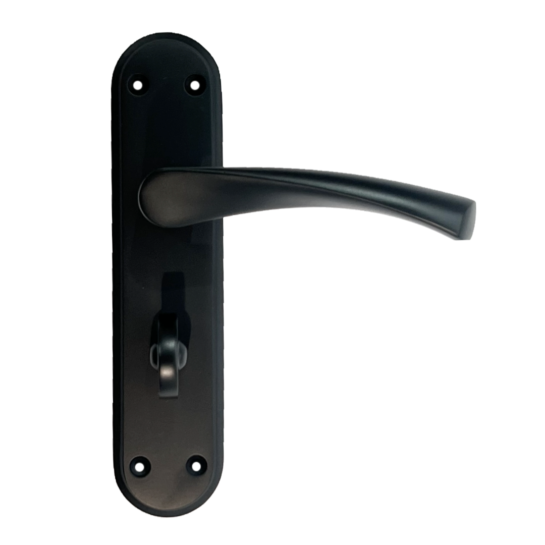 Poignées de porte Genova noir mat avec serrure à levier tournant pour salle de bain sur plaque arrière Marina moderne