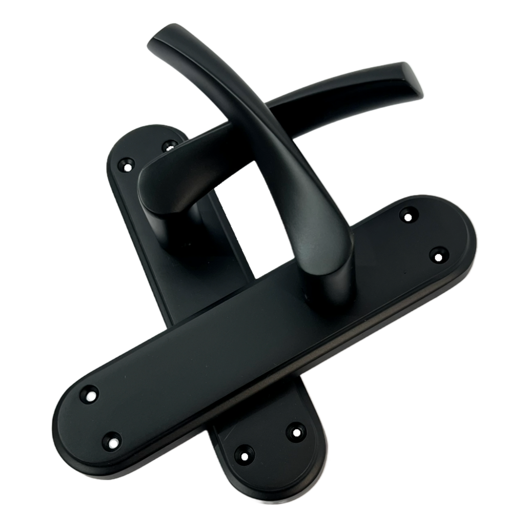 Poignées de porte Genova noir mat avec loquet à levier tournant sur plaque arrière Marina moderne