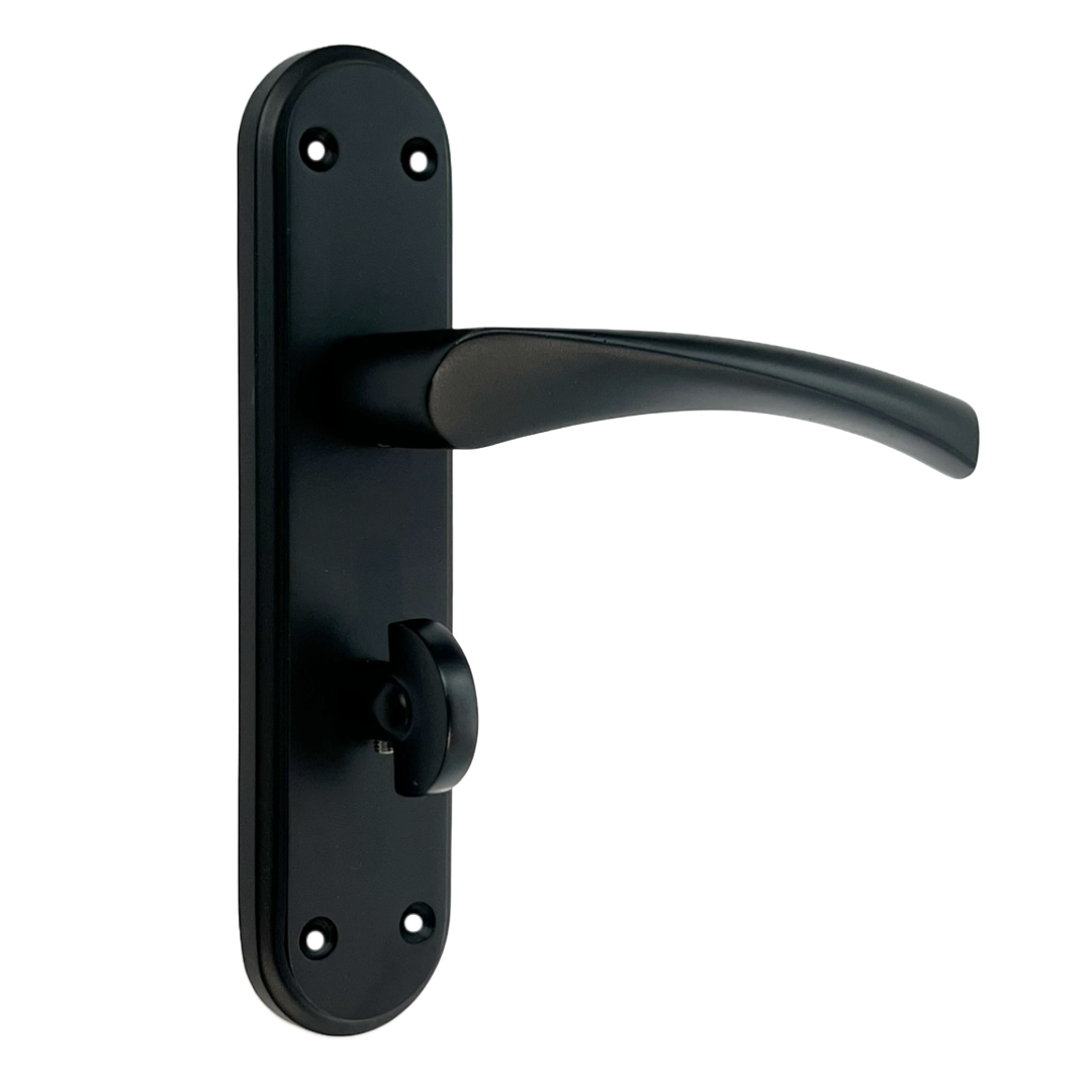 Poignées de porte Genova noir mat avec serrure à levier tournant pour salle de bain sur plaque arrière Marina moderne