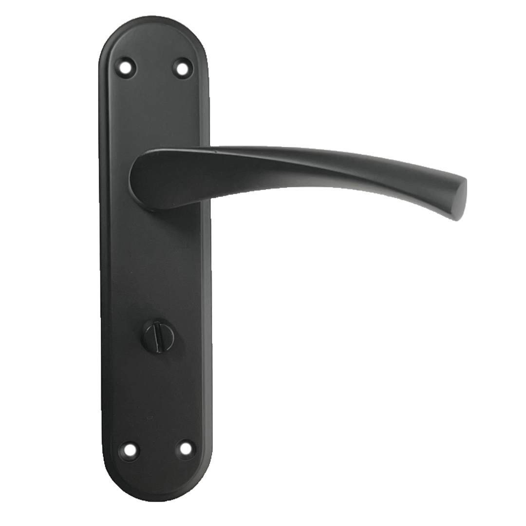 Poignées de porte Genova noir mat avec serrure à levier tournant pour salle de bain sur plaque arrière Marina moderne
