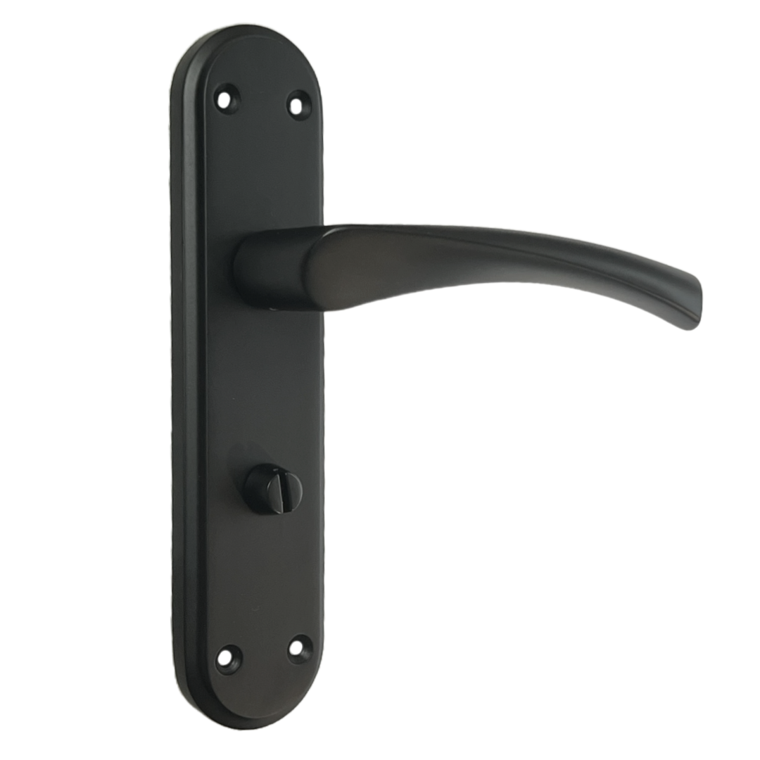 Poignées de porte Genova noir mat avec serrure à levier tournant pour salle de bain sur plaque arrière Marina moderne