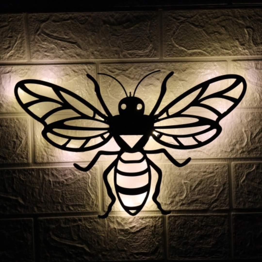 Décoration murale solaire rétroéclairée papillon et abeille – Décoration de jardin extérieure en métal avec éclairage