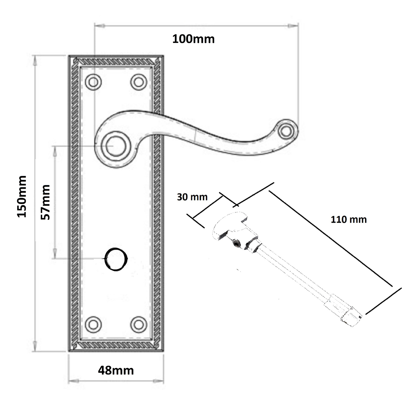 Poignées de porte de salle de bain style géorgien, levier, bord cordé, satiné, 150 mm x 50 mm