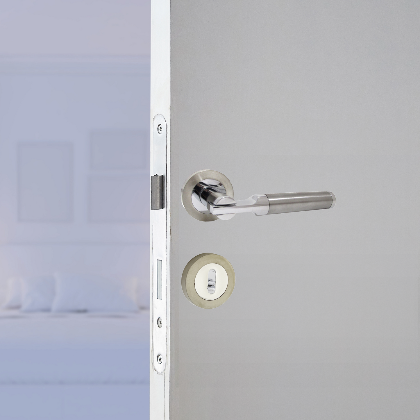 Poignées de porte Electra à levier sur rosace Duo - Pack de serrures à écusson chromé satiné 140 mm