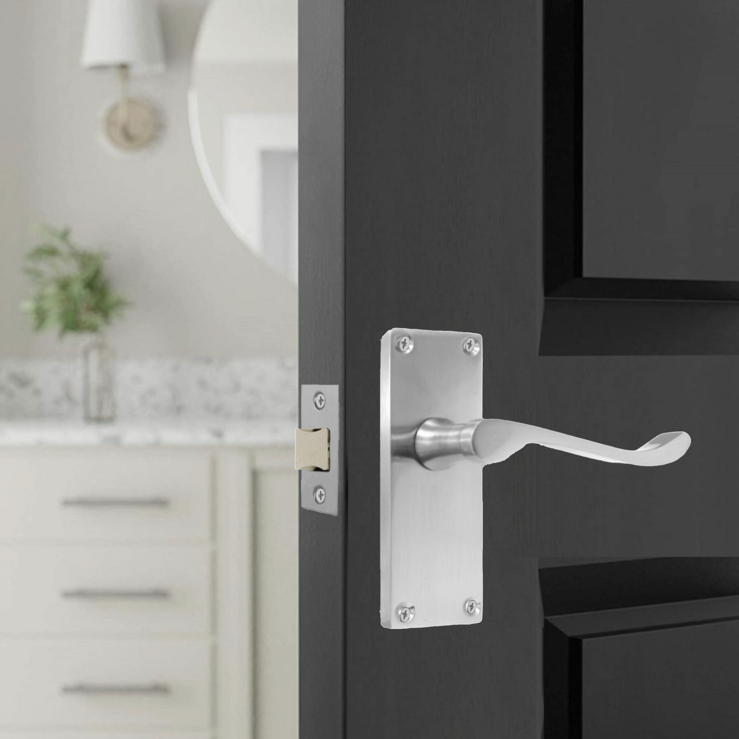 Poignées de porte à levier à défilement et loquet interne - Pack Chrome satiné 118 x 40 mm