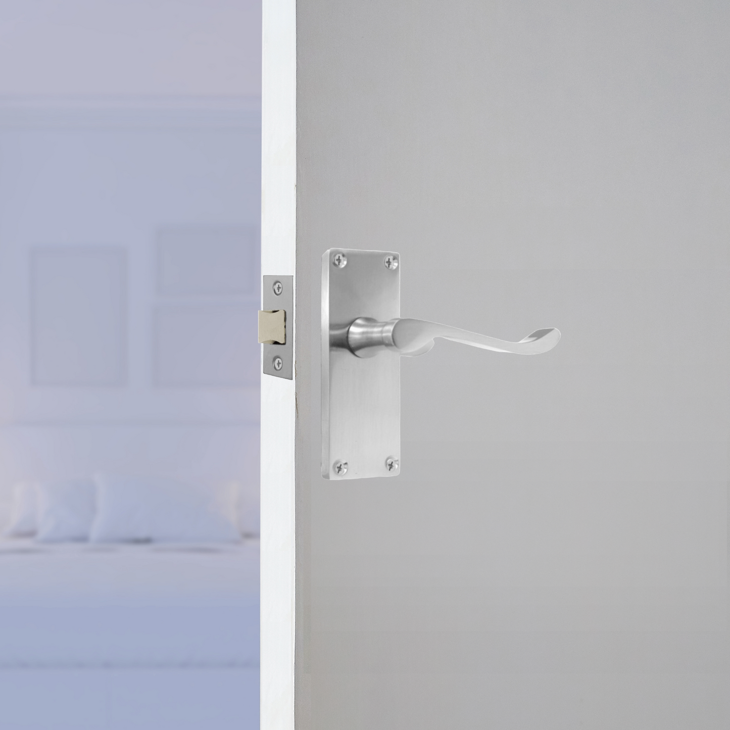Poignées de porte à levier à défilement et loquet interne - Pack Chrome satiné 118 x 40 mm