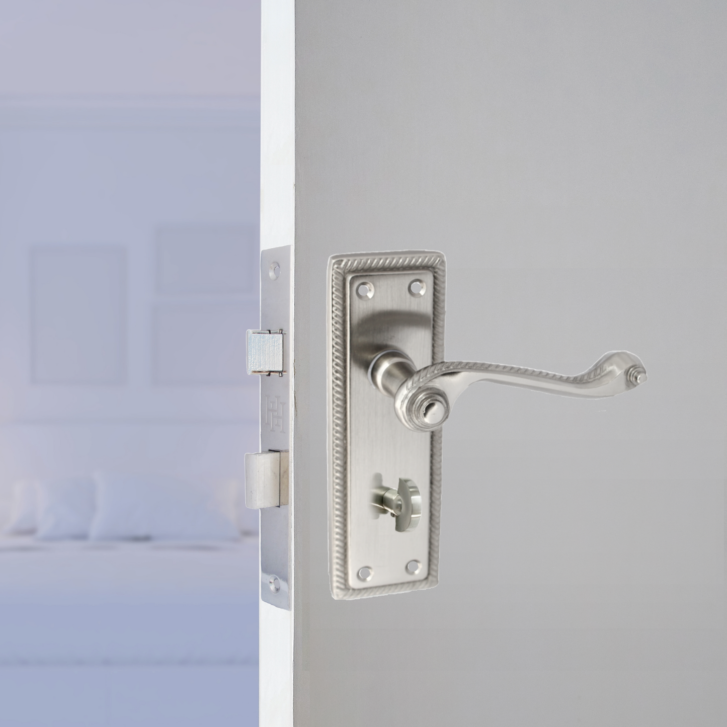 Poignées de porte de salle de bain style géorgien, levier, bord cordé, satiné, 150 mm x 50 mm