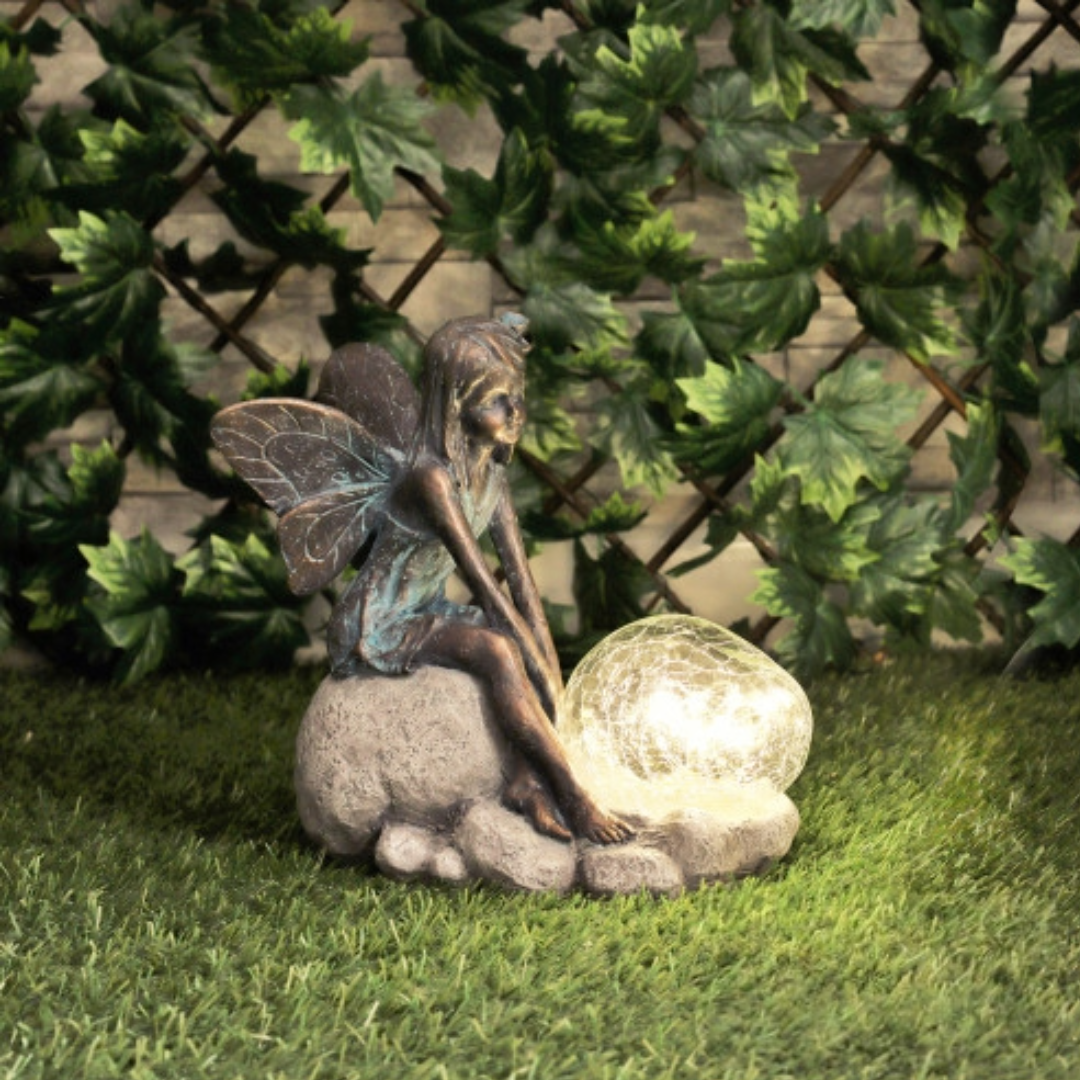 Fée en résine sur escargot ou avec bulle de fleur lumineuse solaire - Sculpture magique pour décoration de jardin intérieur et extérieur