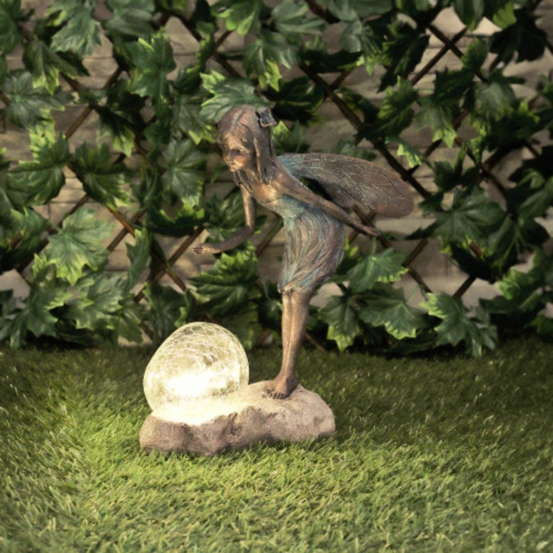 Fée en résine sur escargot ou avec bulle de fleur lumineuse solaire - Sculpture magique pour décoration de jardin intérieur et extérieur