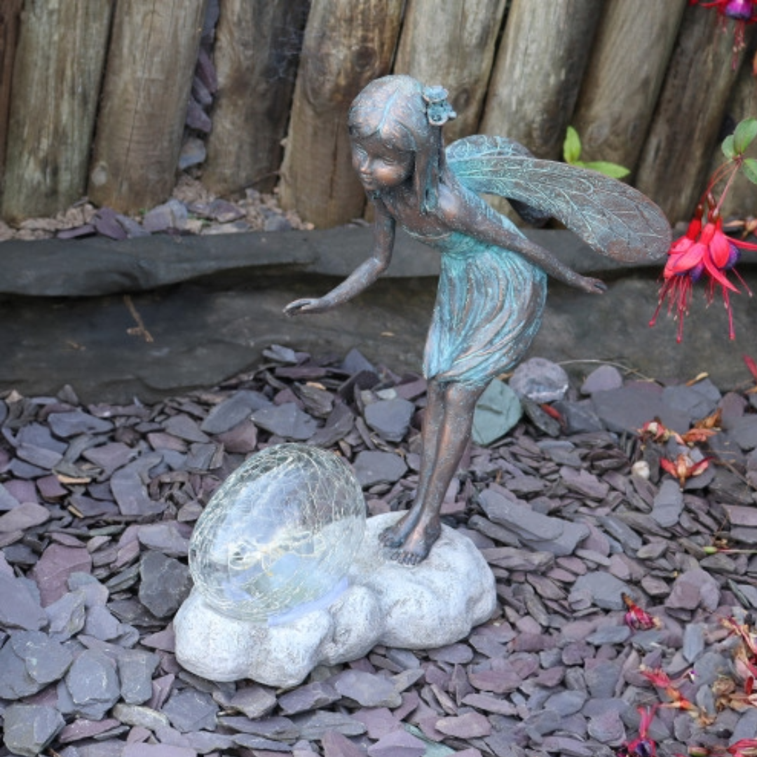 Fée en résine sur escargot ou avec bulle de fleur lumineuse solaire - Sculpture magique pour décoration de jardin intérieur et extérieur