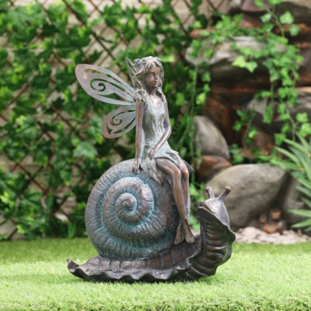 Fée en résine sur escargot ou avec bulle de fleur lumineuse solaire - Sculpture magique pour décoration de jardin intérieur et extérieur