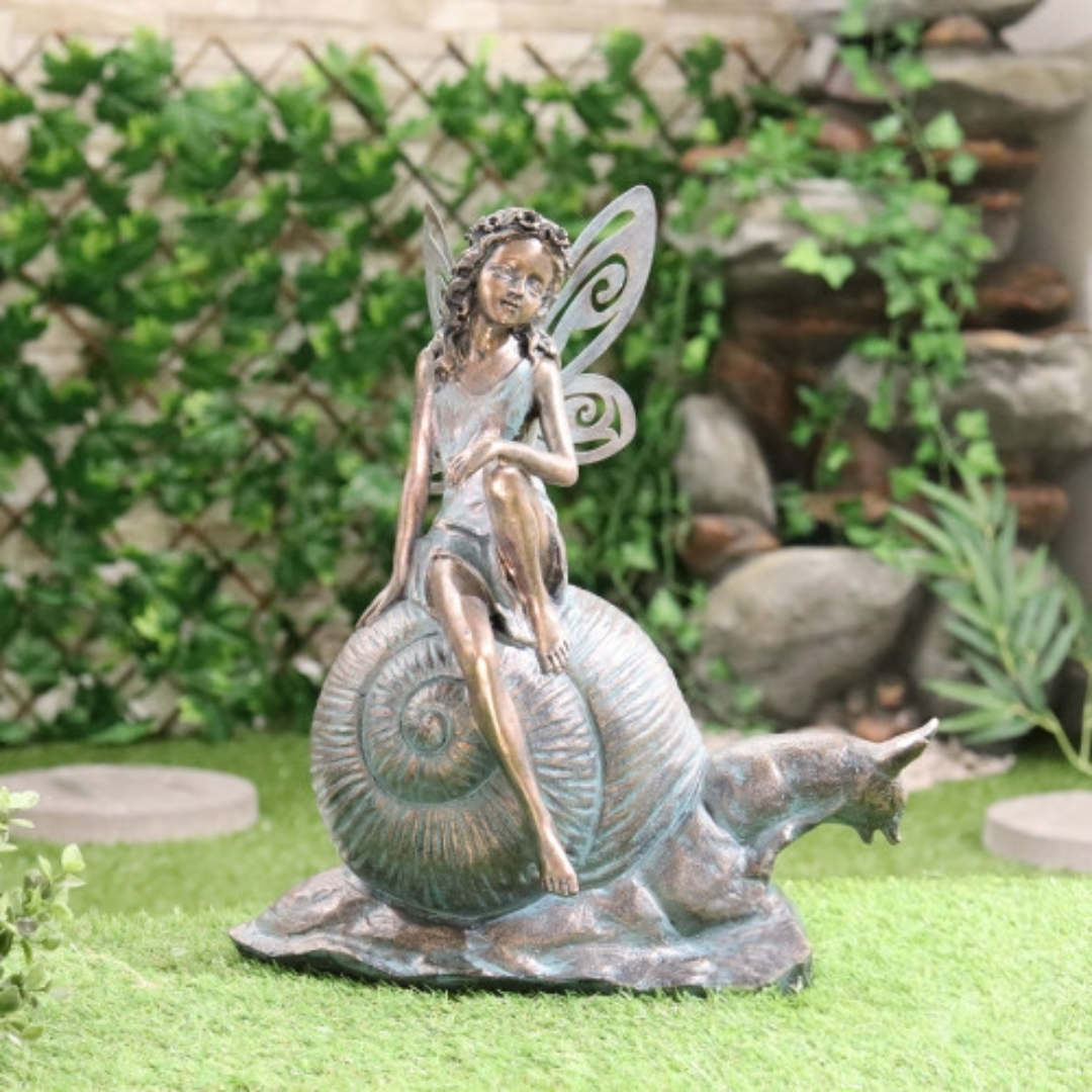 Fée en résine sur escargot ou avec bulle de fleur lumineuse solaire - Sculpture magique pour décoration de jardin intérieur et extérieur