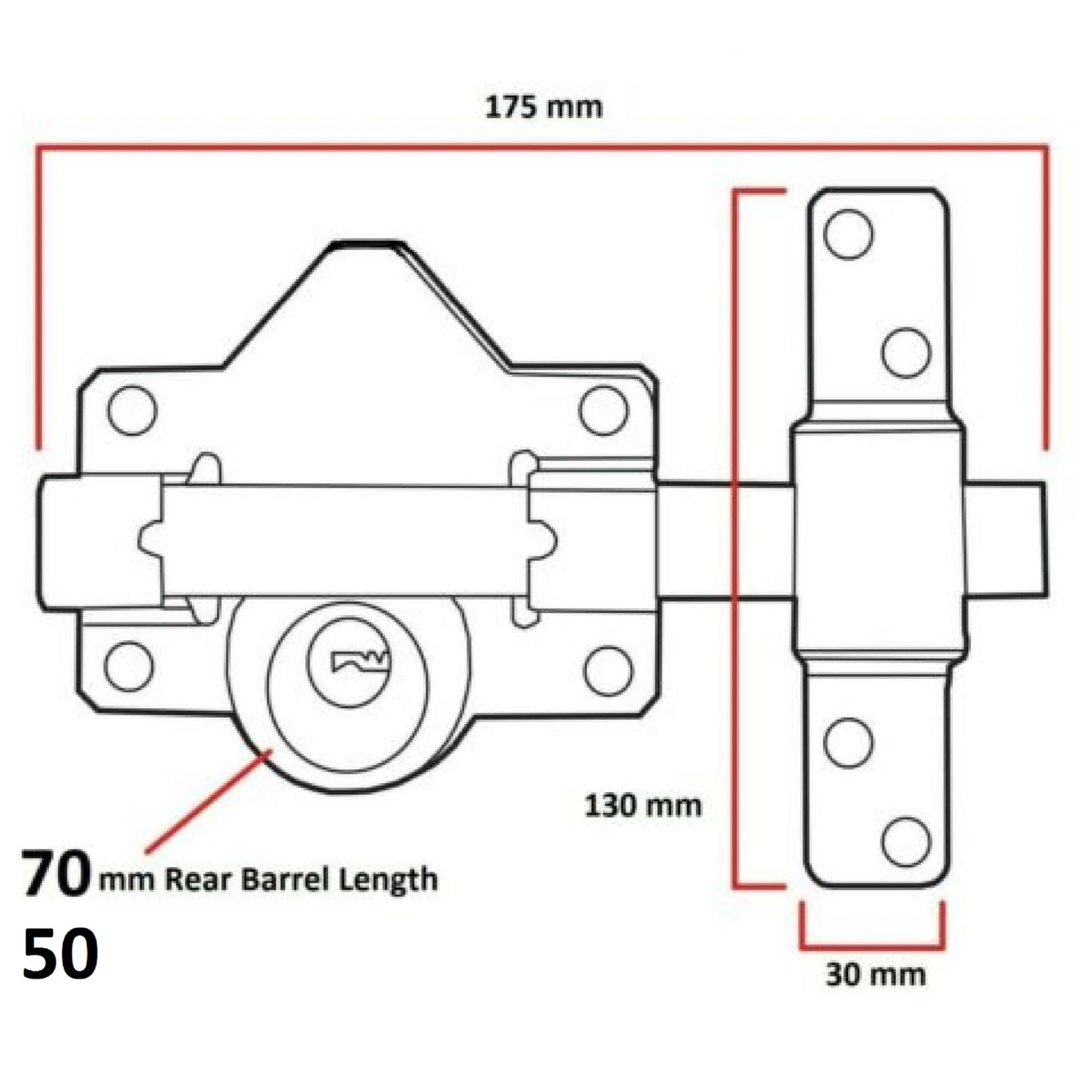 Serrure de portail à pêne longue course 50/70 mm pour garage, hangar, 5 clés et poignée