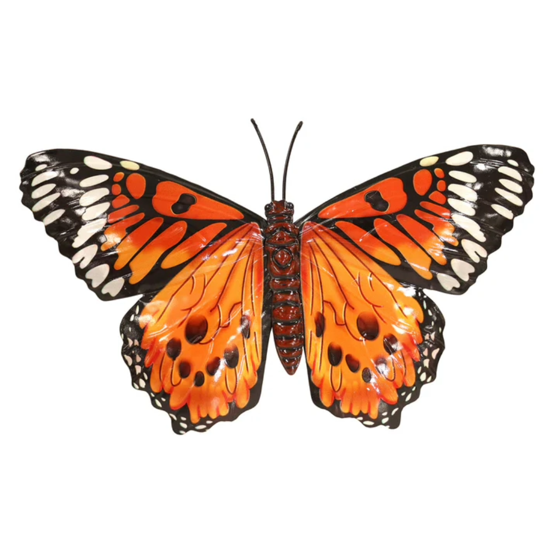 Grand papillon mural jaune orange - Décoration de clôture de jardin en métal 32 x 49 cm