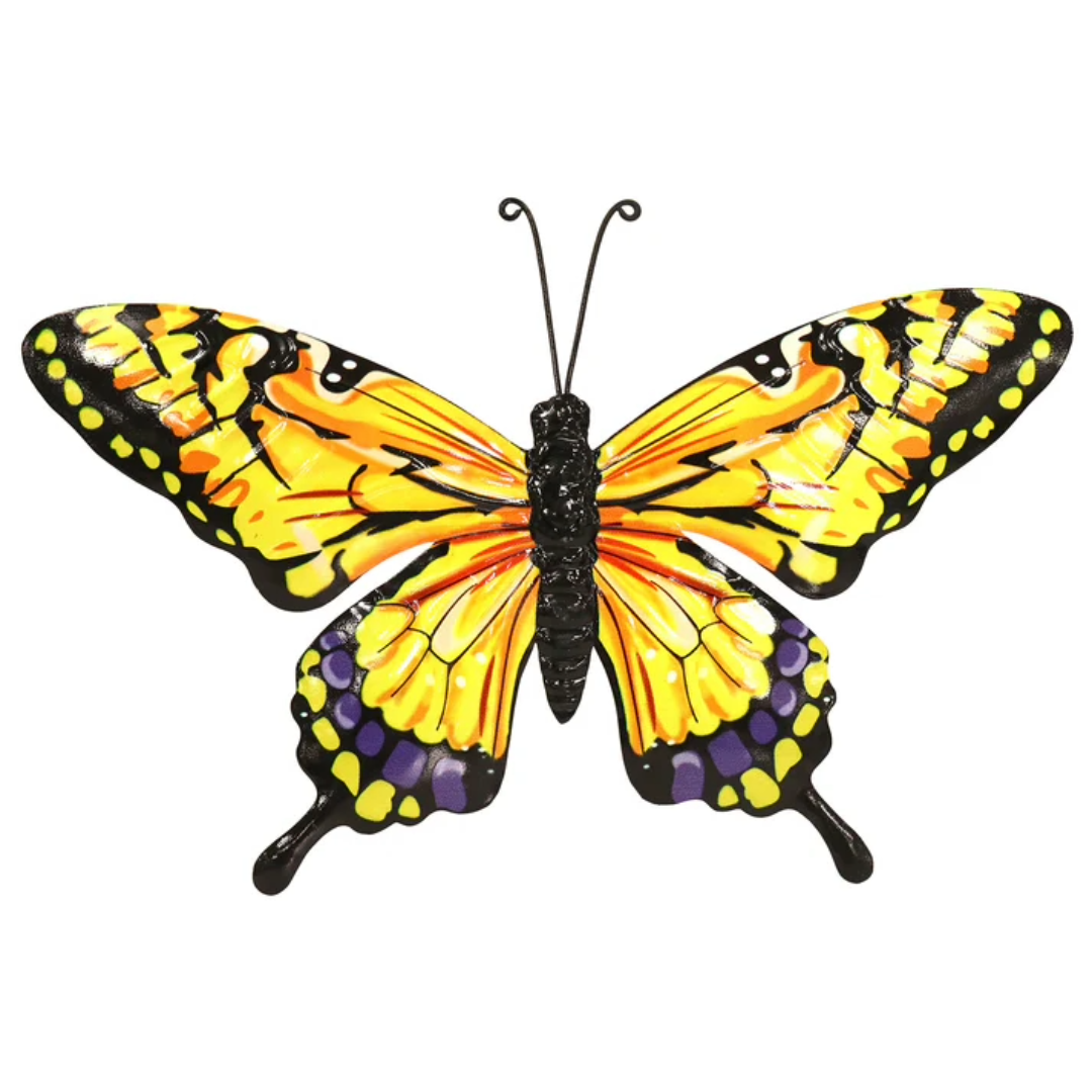 Grand papillon mural jaune orange - Décoration de clôture de jardin en métal 32 x 49 cm