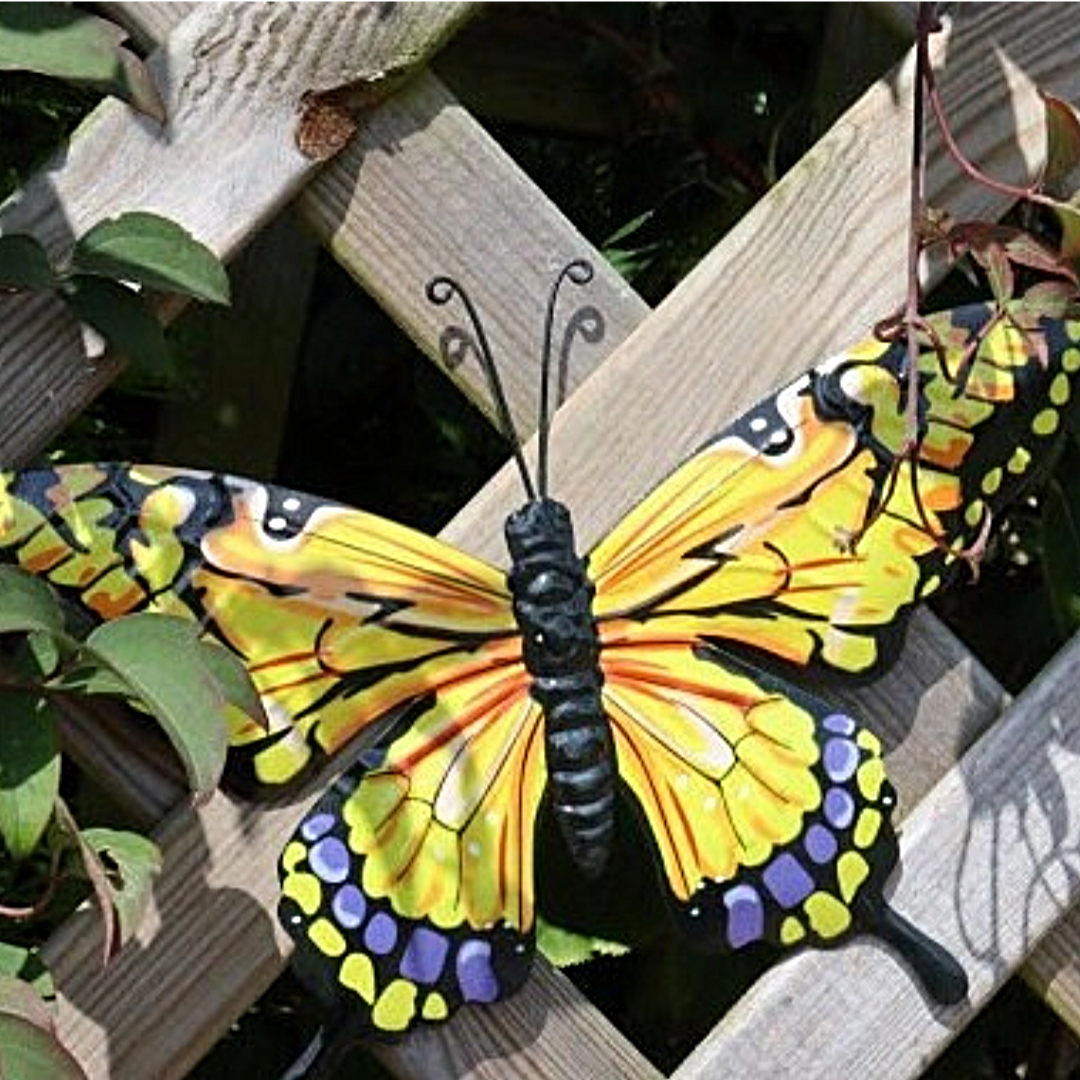 Grand papillon mural jaune orange - Décoration de clôture de jardin en métal 32 x 49 cm
