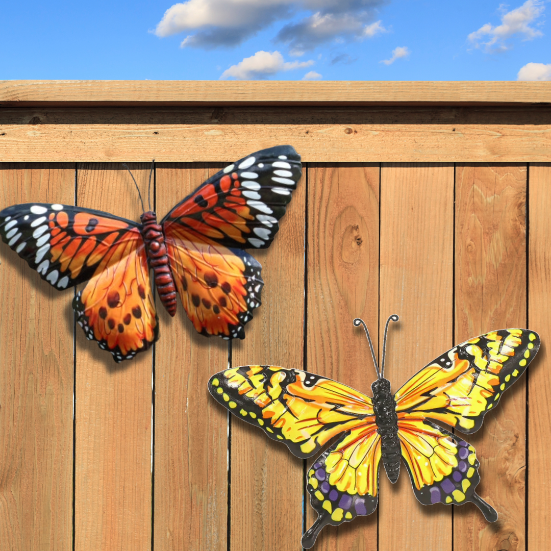 Grand papillon mural jaune orange - Décoration de clôture de jardin en métal 32 x 49 cm