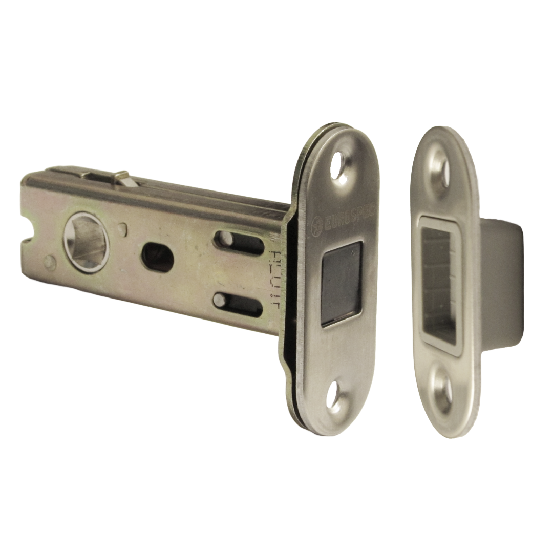 Loquet tubulaire magnétique à mortaise, axe de 57 mm, Eurospec, rond, en acier inoxydable satiné, 7,6 cm, pour portes