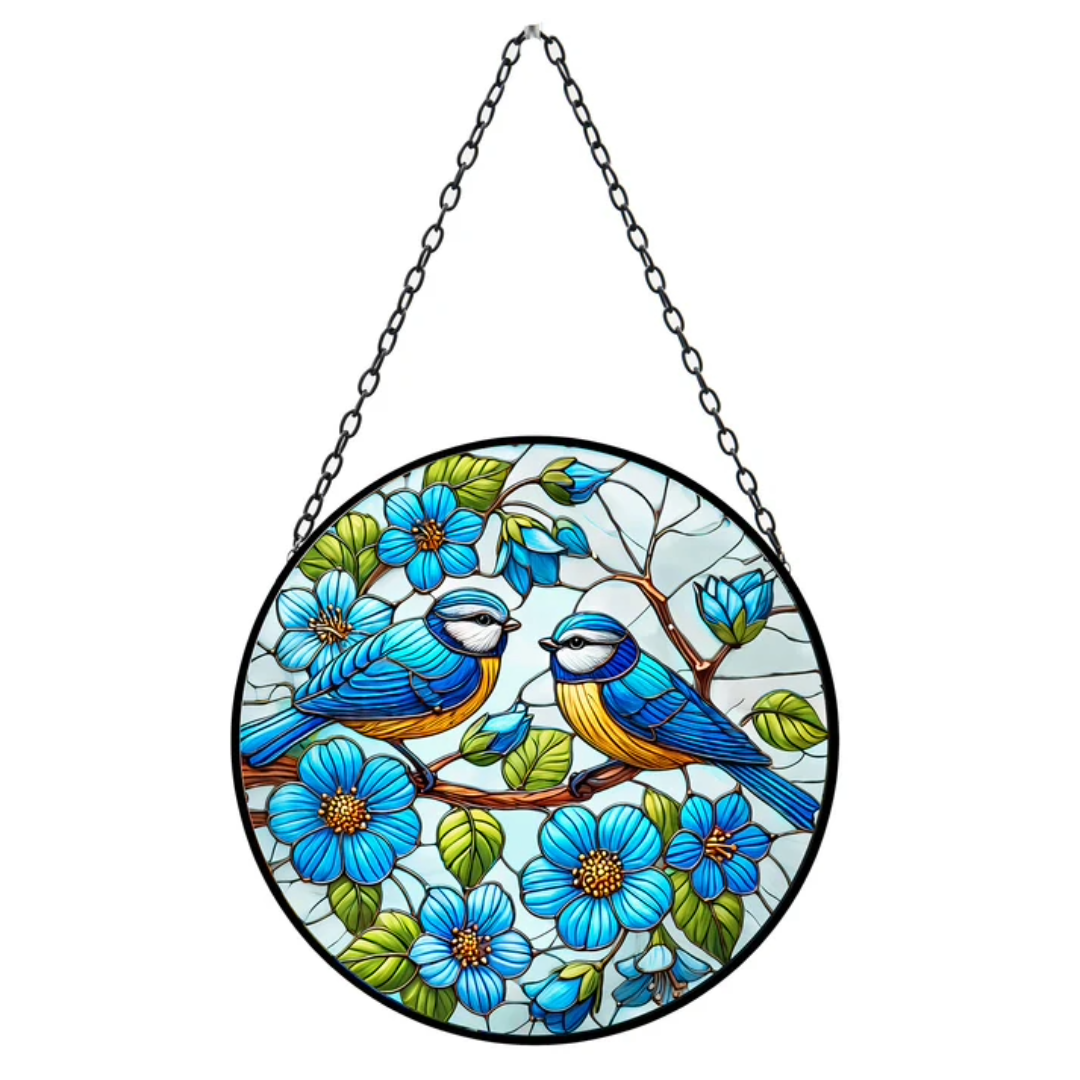 Attrape-soleil en vitrail Mésange bleue à suspendre, décoration de jardin ronde en orbite
