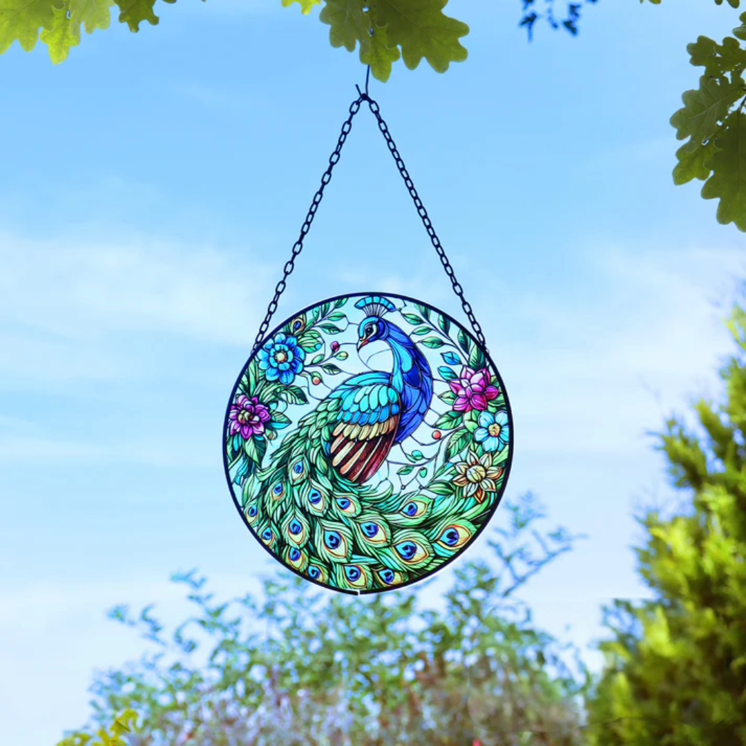 Attrape-soleil en vitrail en forme de paon, décoration de jardin ronde suspendue en orbite