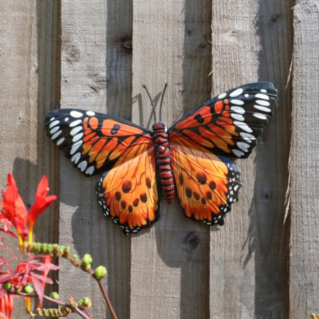 Grand papillon mural jaune orange - Décoration de clôture de jardin en métal 32 x 49 cm
