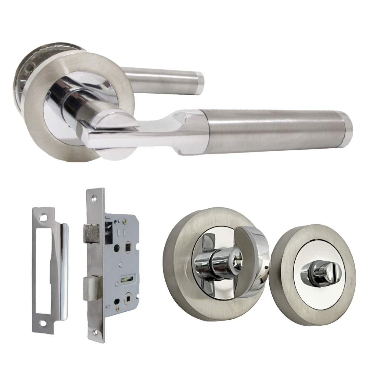 Poignées de porte Electra à levier sur rosace Duo - Chrome satiné, bouton de porte pour salle de bain, 140 mm