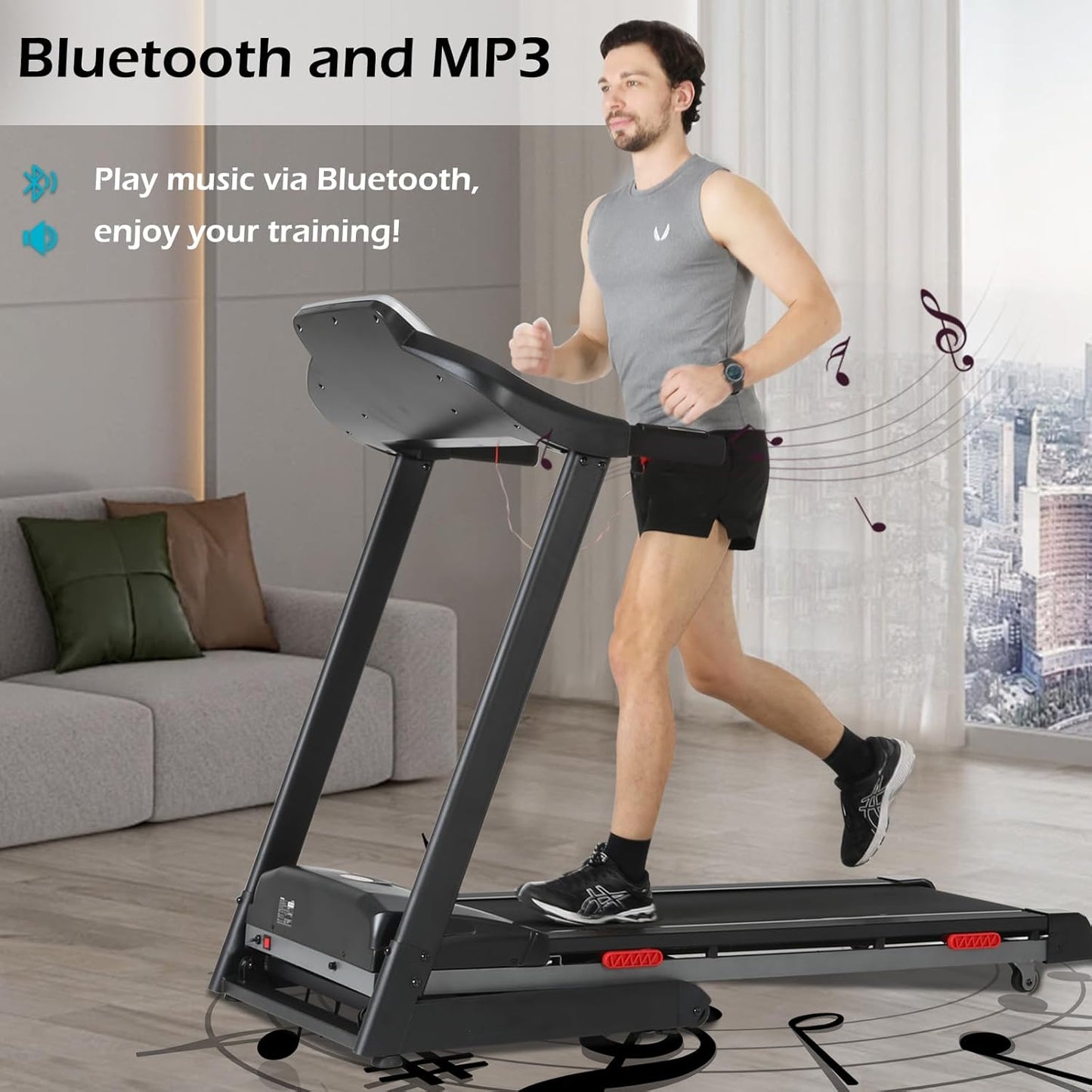 ISE tapis de course pliable 735W, LCD, 16km/h, Bluetooth, marche/course
