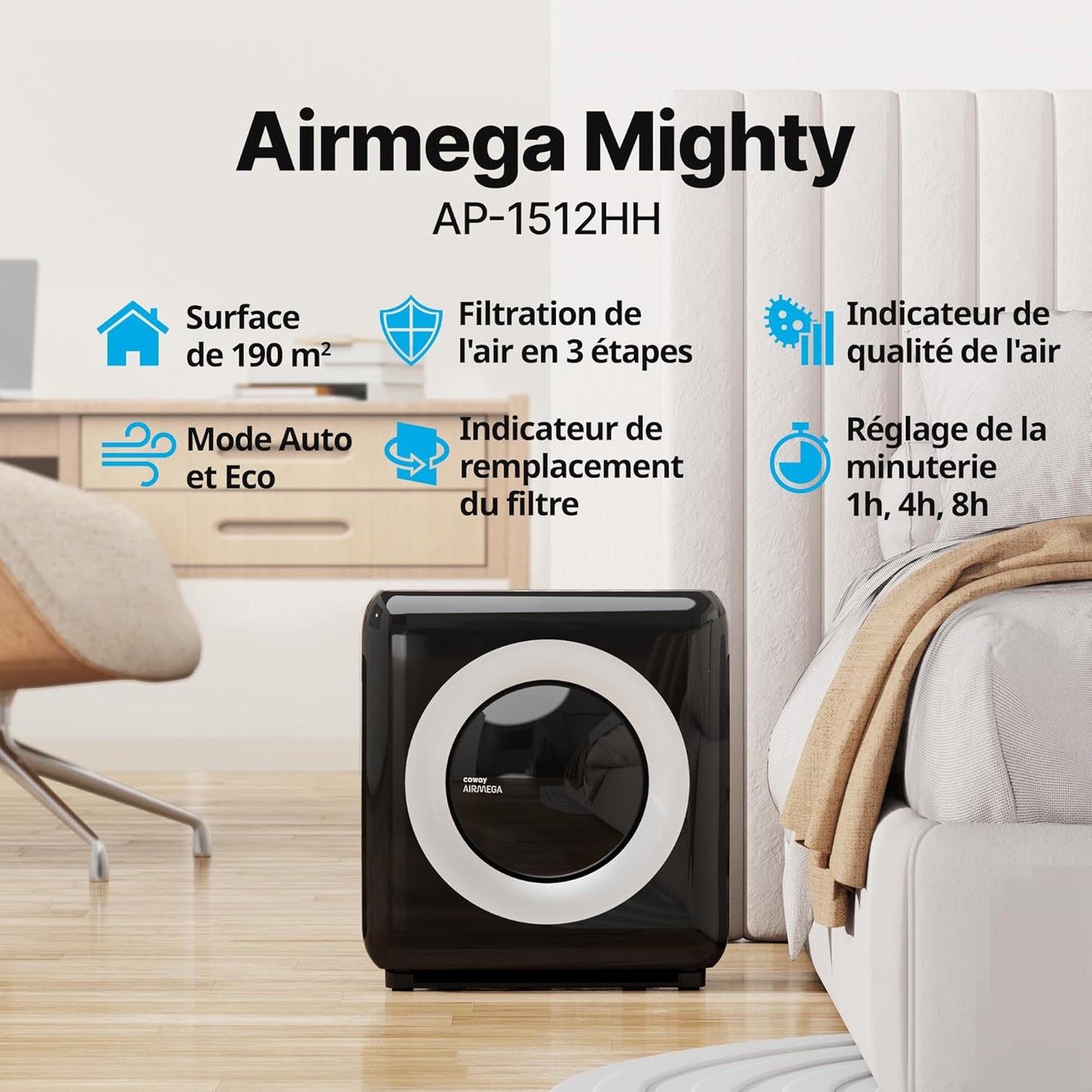 COWAY purificateur air AP-1512HH, 421m³/h, ioniseur, allergènes, noir