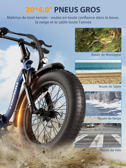 Touroll S2 vélo électrique pliable fat bike 20", 48V 15Ah, 150km, 7 vitesses