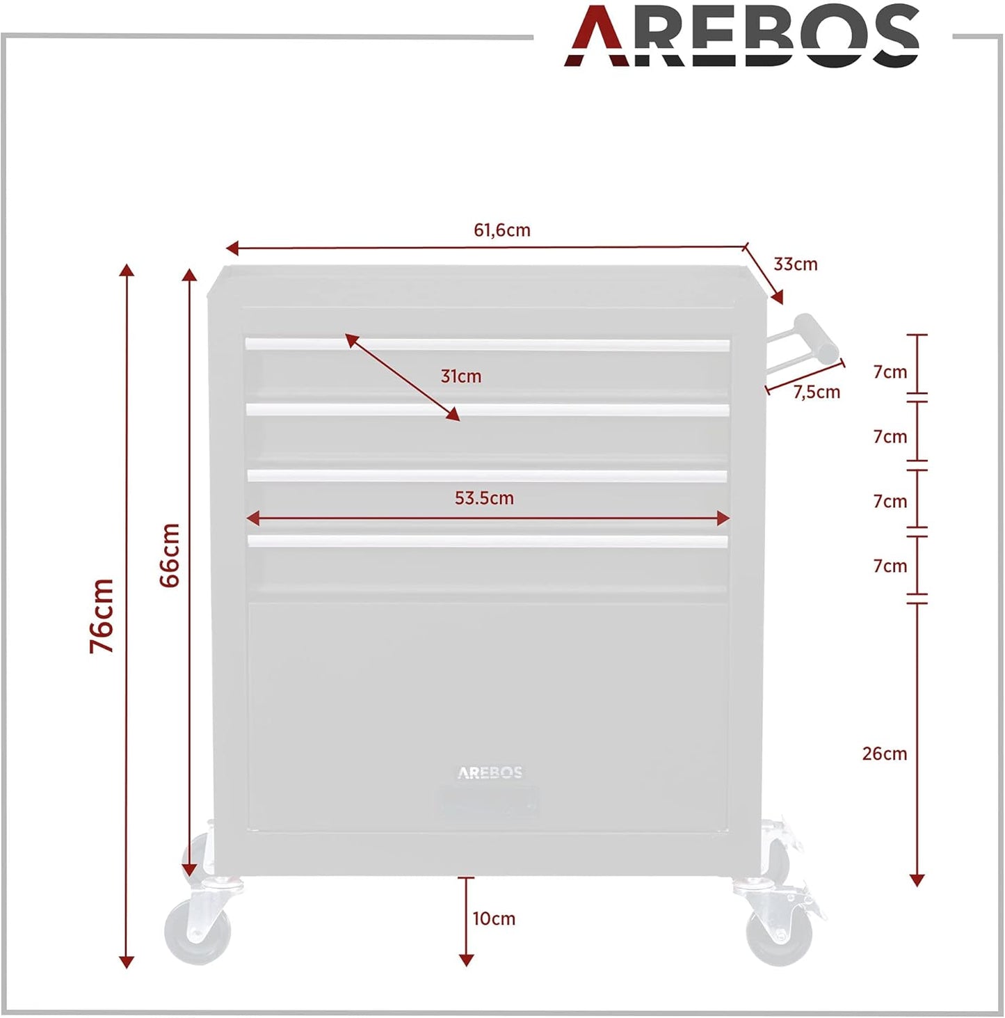 AREBOS chariot atelier 4 tiroirs, 81 outils, roulettes freinées, noir
