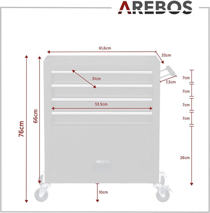AREBOS chariot atelier 4 tiroirs, 81 outils, roulettes freinées, noir