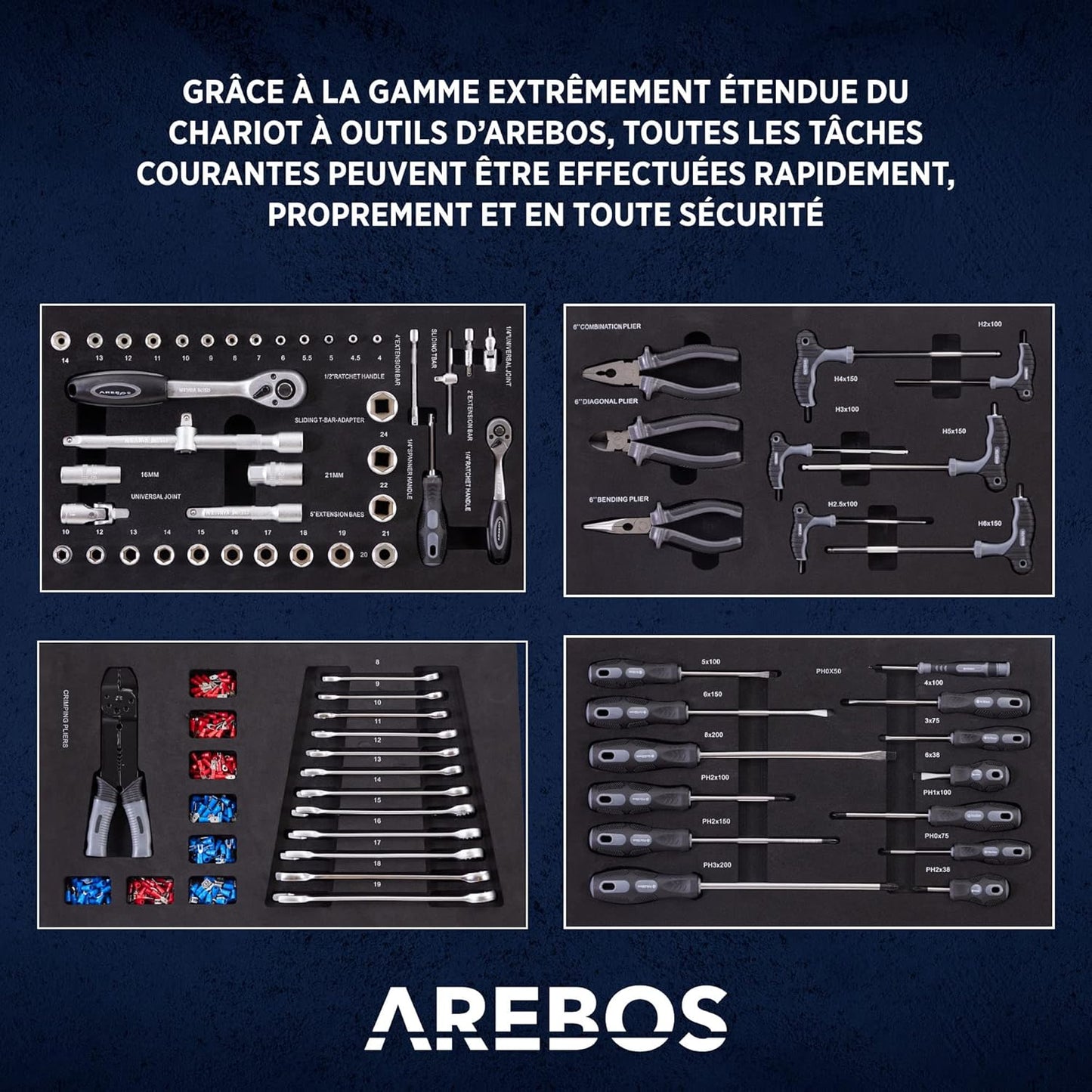 AREBOS chariot atelier 4 tiroirs, 81 outils, roulettes freinées, noir