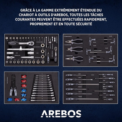 AREBOS chariot atelier 4 tiroirs, 81 outils, roulettes freinées, noir