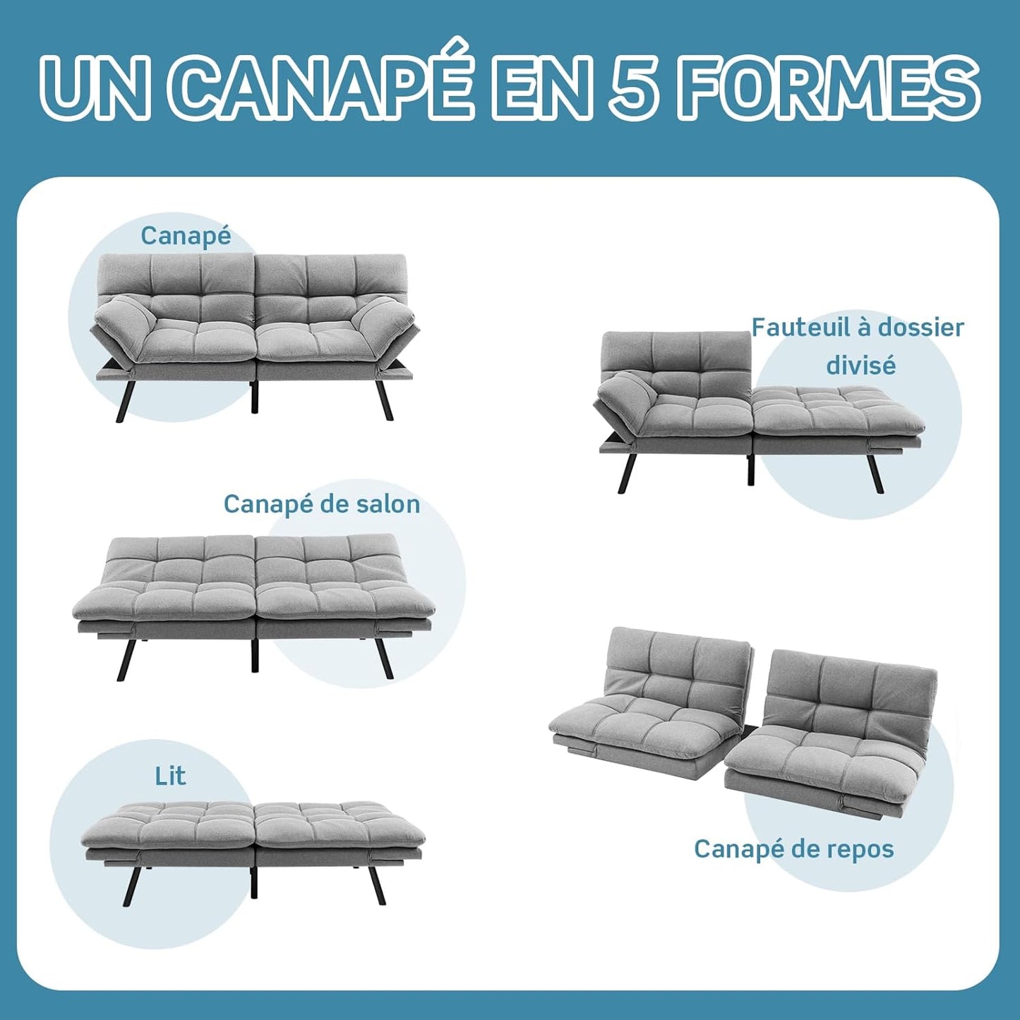 RELAX4LIFE canapé-lit convertible 5-en-1, accoudoirs/dossier réglables, métal