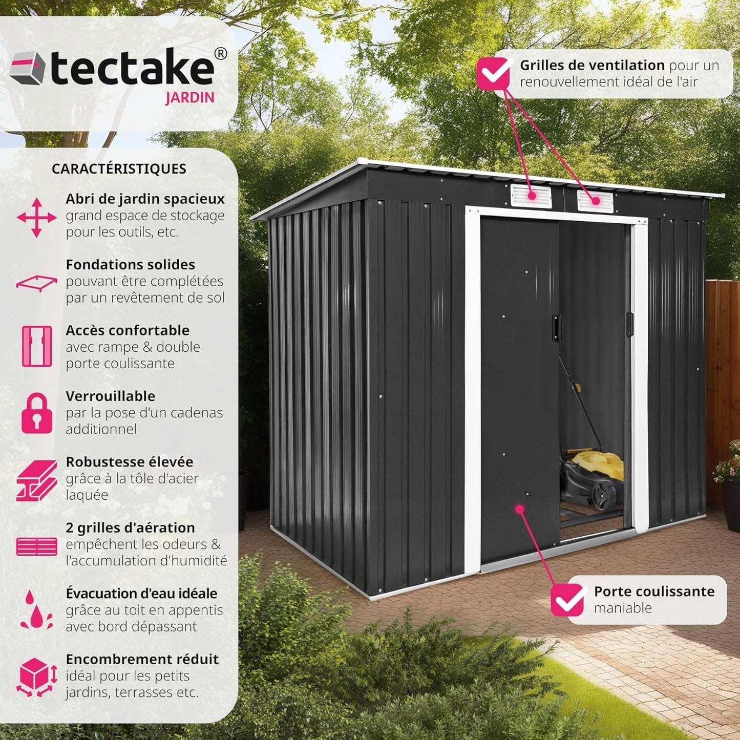 Tectake abri jardin métal 213x130x173cm monopente avec fondation, outils/moto