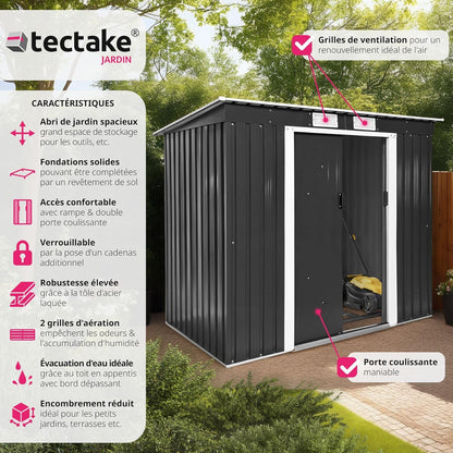 Tectake abri jardin métal 213x130x173cm monopente avec fondation, outils/moto