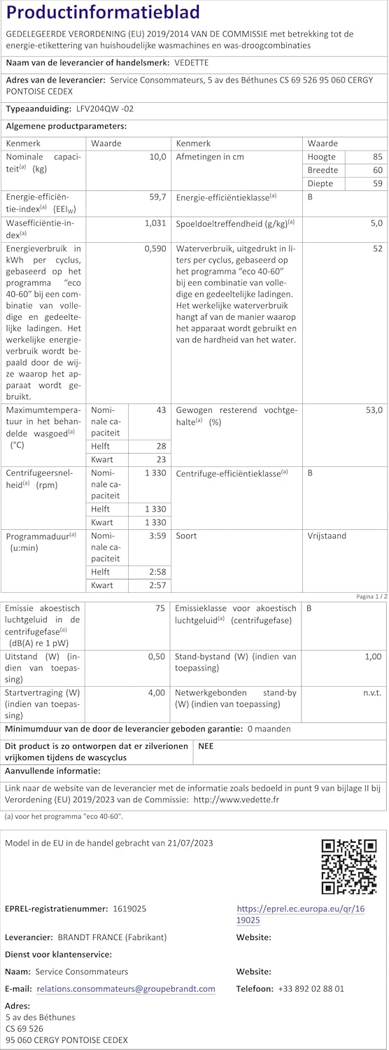Vedette LFV204QW lave-linge frontal 10kg, 1400tr/min, blanc