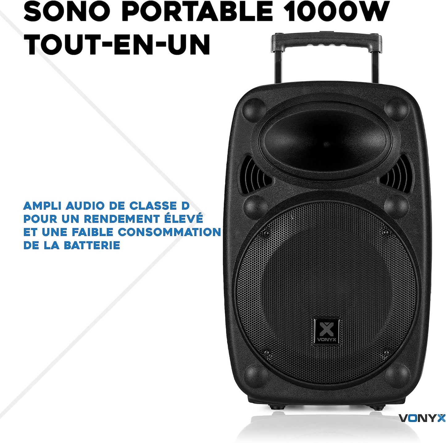 Vonyx Verve46 enceinte Bluetooth 1000W, 2 micros, roues, poignées, karaoké