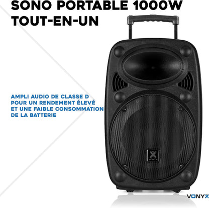 Vonyx Verve46 enceinte Bluetooth 1000W, 2 micros, roues, poignées, karaoké