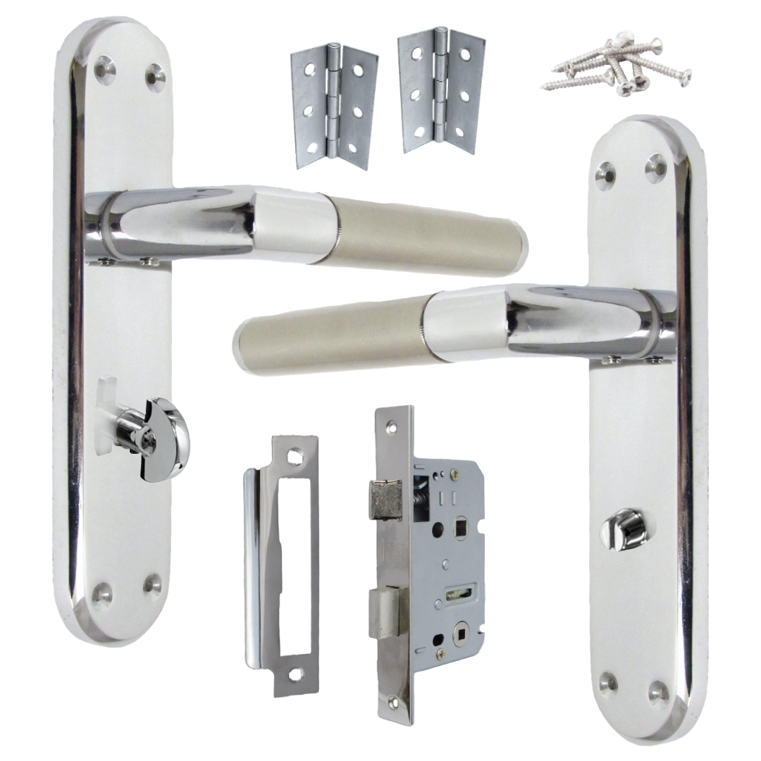 Poignées de porte à onglet, levier droit, serrure de salle de bain, pack duo - Chrome satiné, charnières 180 mm x 40 mm