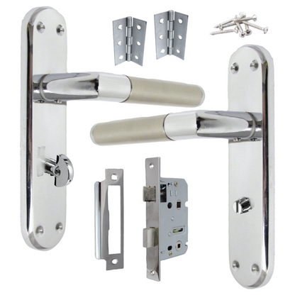Poignées de porte à onglet, levier droit, serrure de salle de bain, pack duo - Chrome satiné, charnières 180 mm x 40 mm